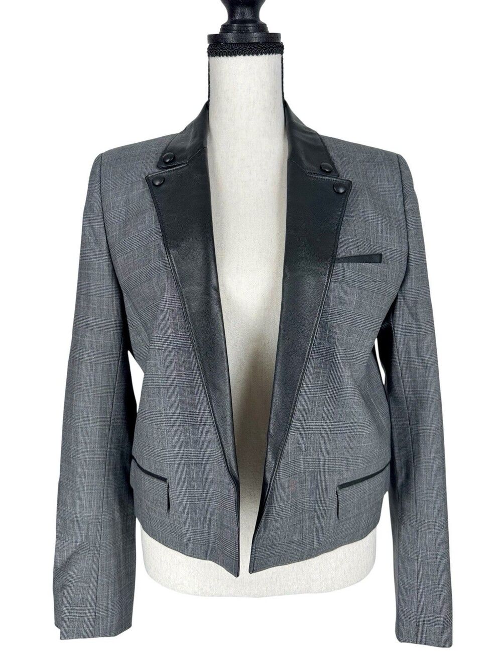 The Kooples Prince De Galles Cropped Blazer Jacket Glen Plaid Leather Trims 40 - Picture 3 of 10